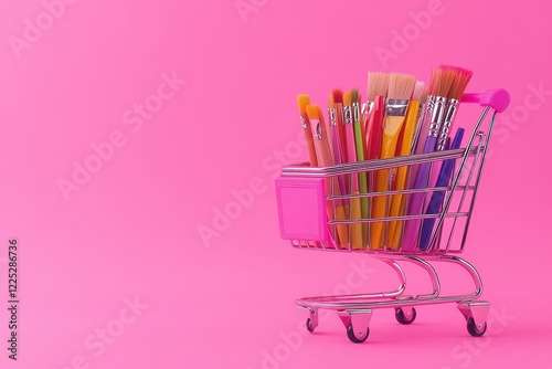 Wallpaper Mural Colorful Art Brushes in Mini Shopping Cart on Bright Pink Background for Creative Projects Torontodigital.ca