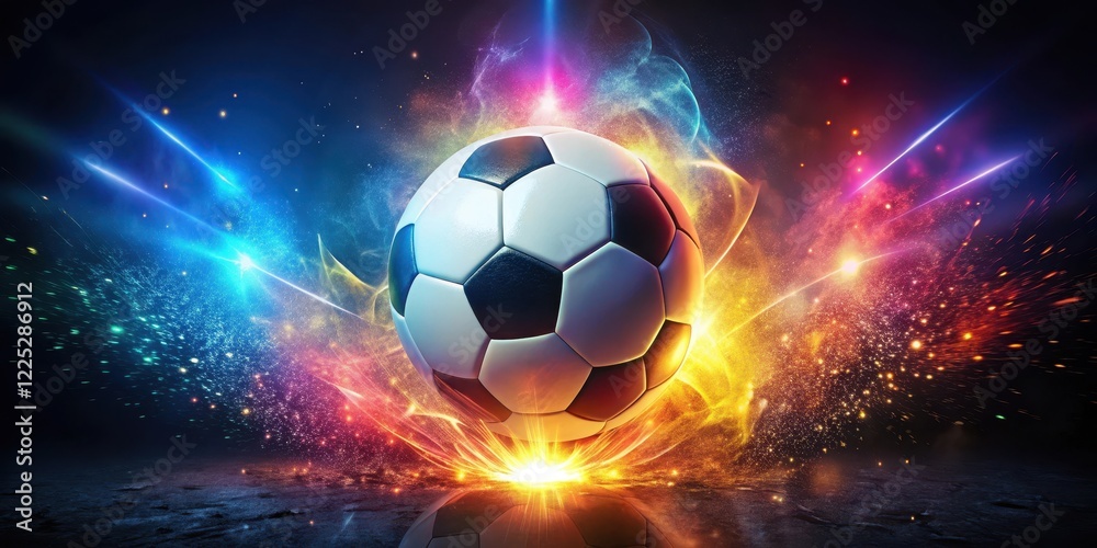 Naklejka premium Soccer ball with glowing lights and sparks surrounding it, set against a dark and mysterious background, bright, vibrant