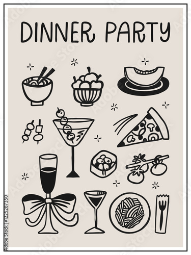 Dinner party interior poster 3x4. Vector inspirational hand-drawn illustration with lettering quote. Food and drink cafe or kitchen print.