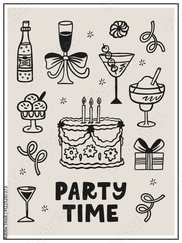 Party time greeting card or interior poster 3x4. Vector inspirational hand-drawn illustration. Food and drink cafe or kitchen print.
