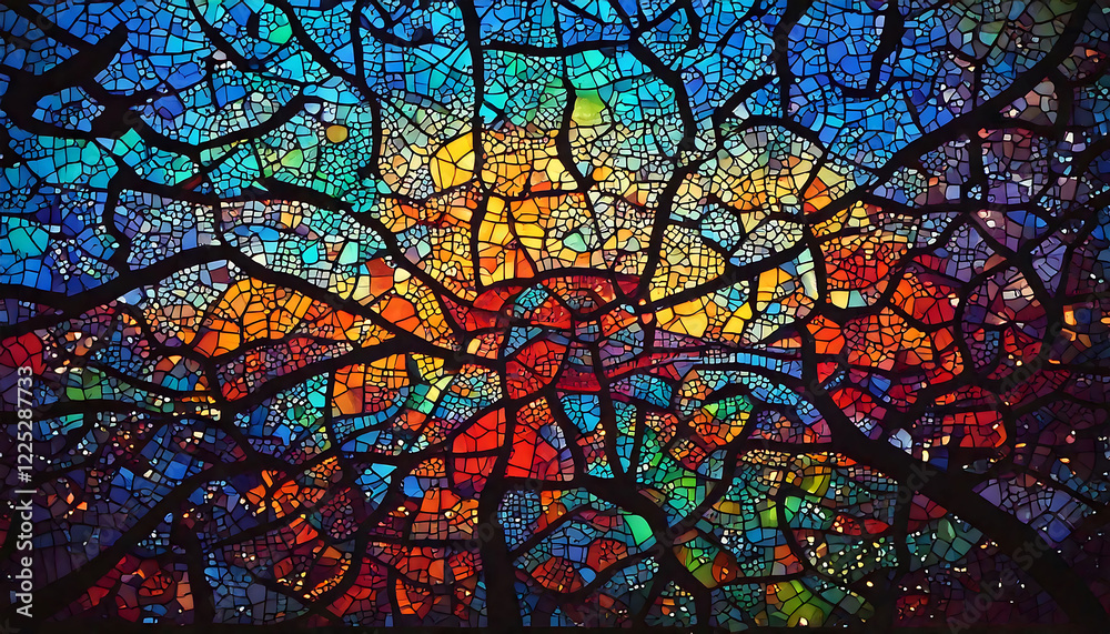 Vibrant mosaic artwork featuring rich jewel tones and a captivating stained-glass style. Vibrant mosaic artwork featuring rich jewel tones and a captivating stained-glass style.