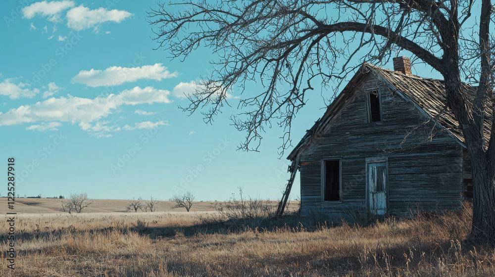 Fototapeta premium Forgotten farmhouse standing alone on a barren field under a clear sky with old wooden beam
