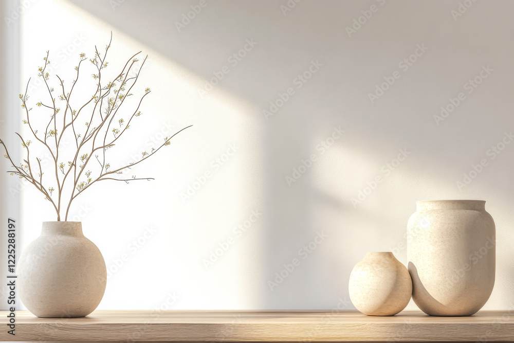 Elegant ceramic vases and delicate branches arranged on a wooden shelf in natural light Elegant ceramic vases and delicate branches arranged on a wooden shelf in natural light