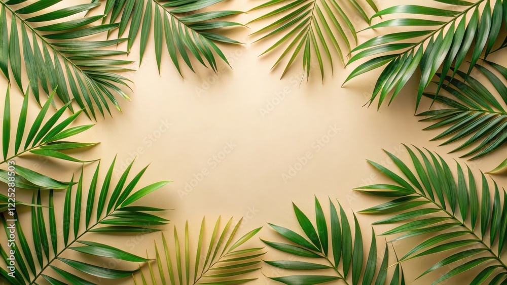 Fototapeta premium Tropical Palm Fronds Arranged in a Frame on a Beige Background, Perfect for Summer Designs and Invitations