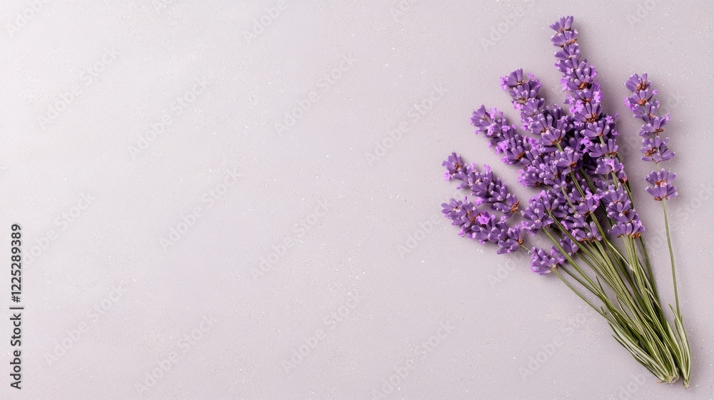 Fototapeta premium Fresh lavender flower bouquet arranged on a light purple textured background with copy space.