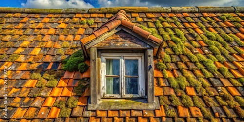 A weathered dormer window framed by moss-covered terracotta roof tiles under a partly cloudy sky