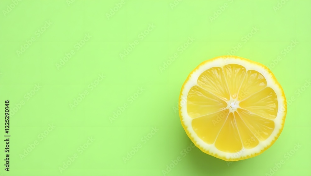 A bright lemon slice on a vibrant green background symbolizes natural freshness and health benefits for healthy eating blogs, recipe guides, and wellness articles