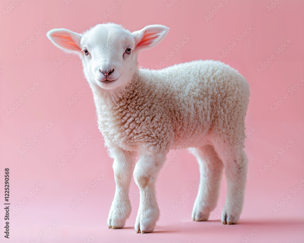 Fototapeta premium Adorable white lamb with soft fur isolated on pink background