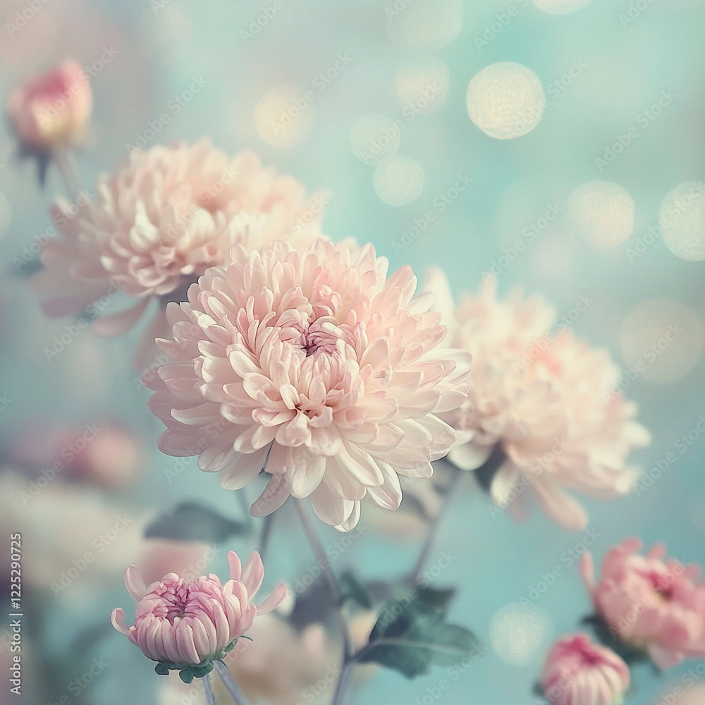 Fototapeta premium Soft pink chrysanthemums blooming delicately under bright, diffused lighting in a serene garden setting during springtime