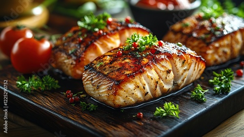 Grilled salmon fillets, cherry tomatoes, herbs, wooden board. Delicious meal, restaurant menu photo