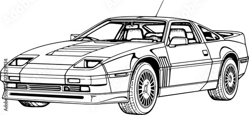 Abstract retro sports car in black and white ink drawing style, adult coloring book