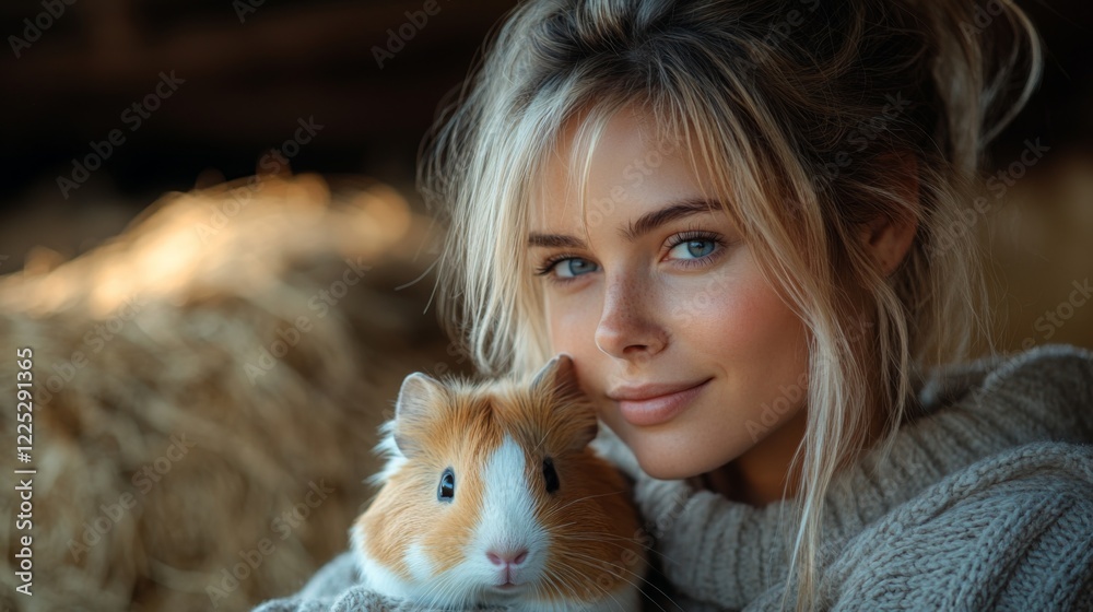A young woman smiles softly while cradling her guinea pig in her arms, set against a rustic backdrop filled with straw during late afternoon light. A young woman smiles softly while cradling her guinea pig in her arms, set against a rustic backdrop filled with straw during late afternoon light.