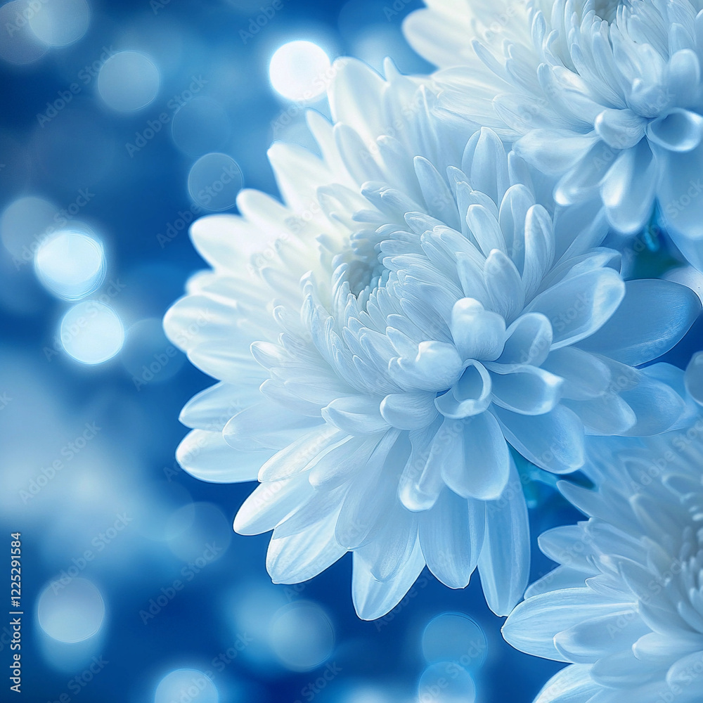 Obraz premium Beautiful white chrysanthemums against a soft blue background with sparkling bokeh effects in a serene setting