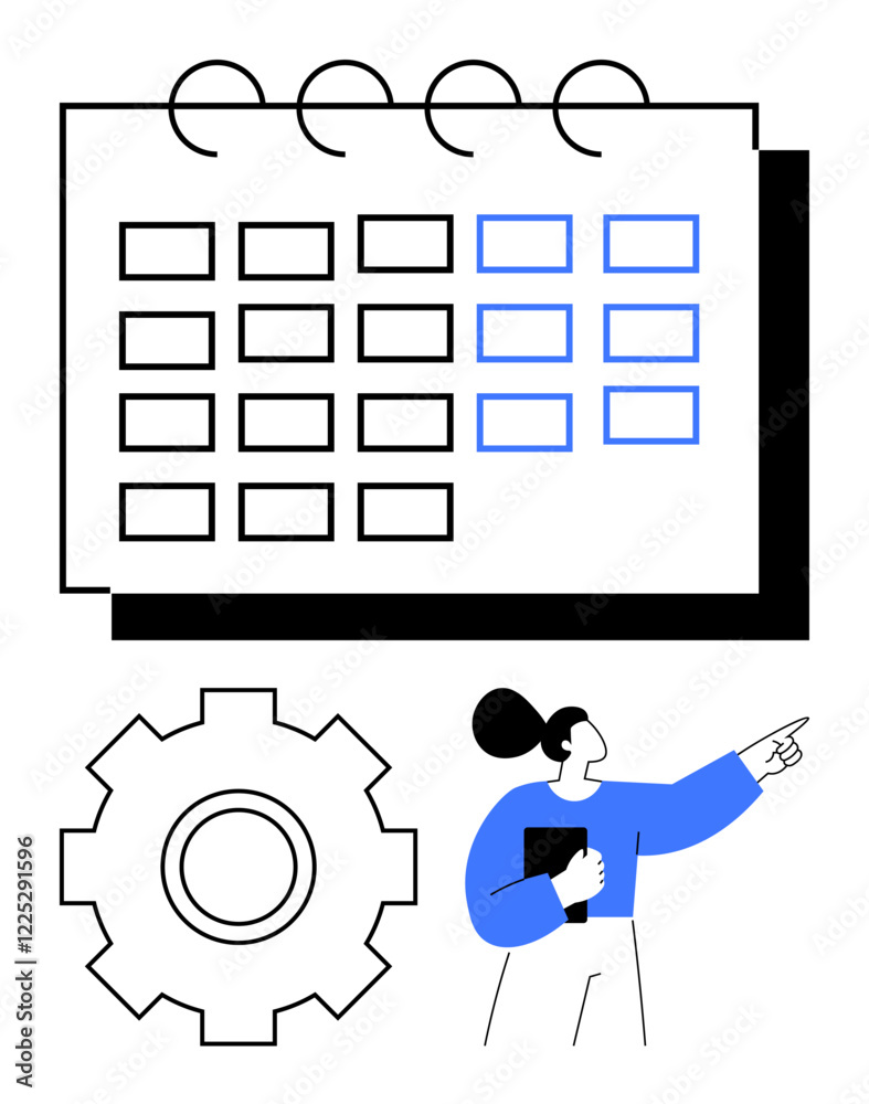 Calendar with grid layout, gear icon, and a businesswoman pointing upwards with a notebook. Ideal for scheduling, workflow management, productivity, planning, strategy, deadlines abstract line flat Calendar with grid layout, gear icon, and a businesswoman pointing upwards with a notebook. Ideal for scheduling, workflow management, productivity, planning, strategy, deadlines abstract line flat
