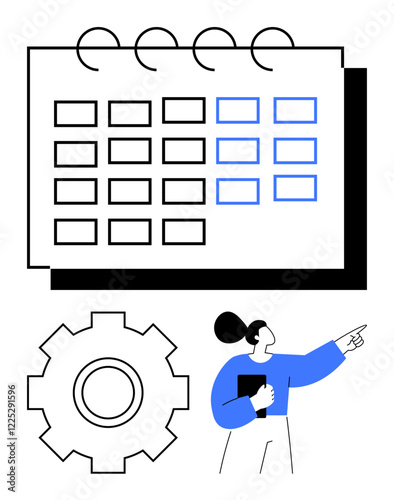 Calendar with grid layout, gear icon, and a businesswoman pointing upwards with a notebook. Ideal for scheduling, workflow management, productivity, planning, strategy, deadlines abstract line flat