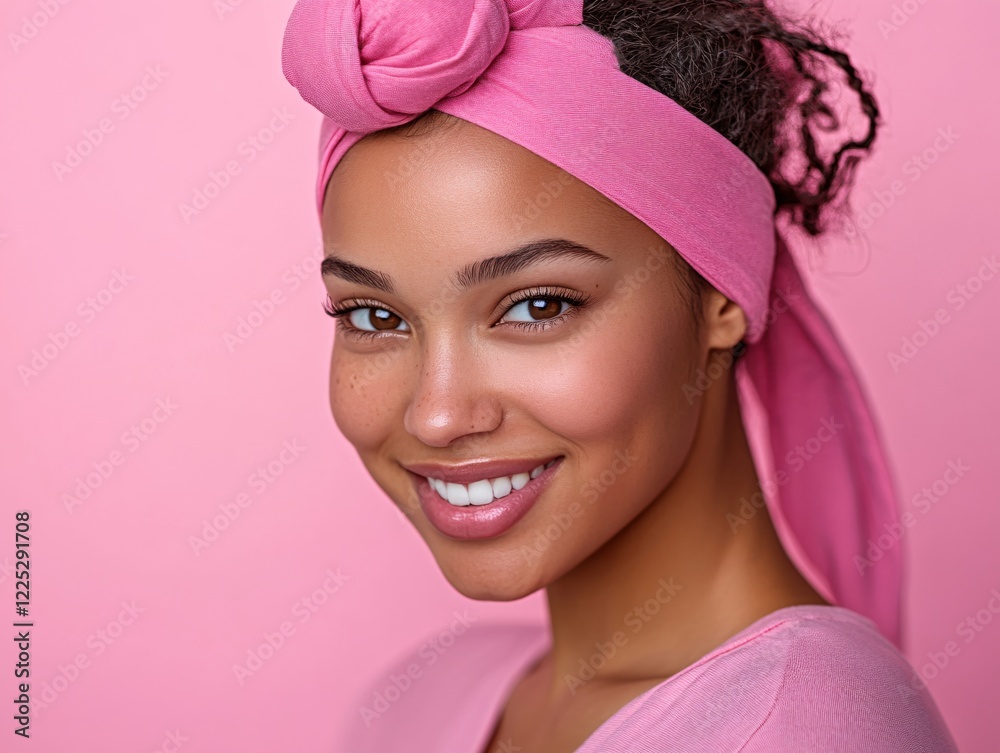 Portrait of a woman with pink head wrap and shirt against a solid pink background Portrait of a woman with pink head wrap and shirt against a solid pink background