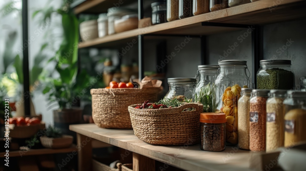 A neatly organized pantry with labeled jars and baskets. A neatly organized pantry with labeled jars and baskets.