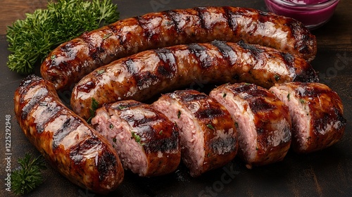 Grilled sausages, herbs, sauce, wooden background. Food photography for menus photo