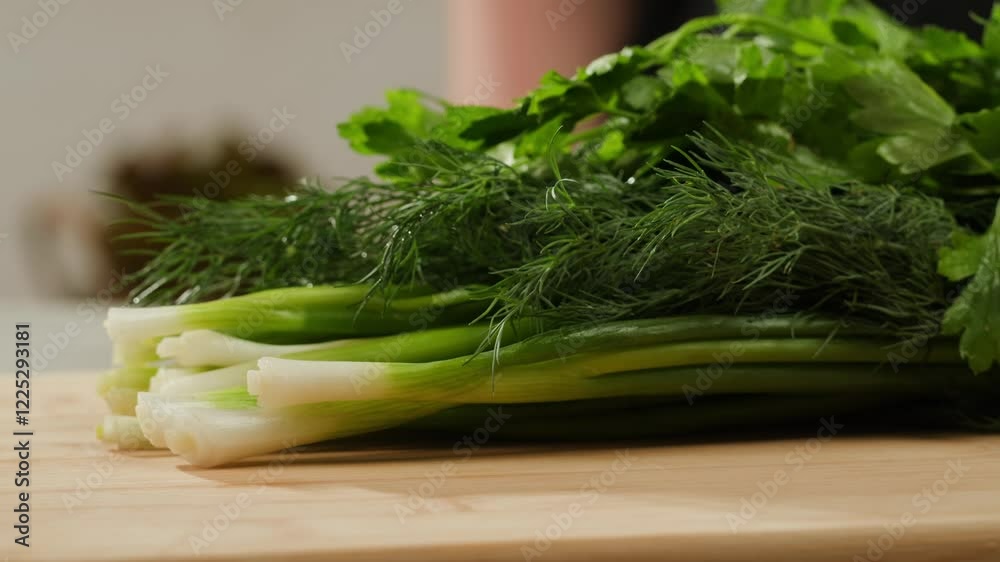Cutting fresh green onions on a cutting board, close up chef cooking green vegan salad. Cutting fresh green onions on a cutting board, close up chef cooking green vegan salad.