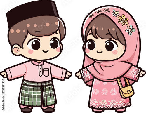 Cute muslim boy and girl. Happy Ramadan, Happy Fasting Day. Selamat Hari Raya Aidilfitri greeting card cartoon character.