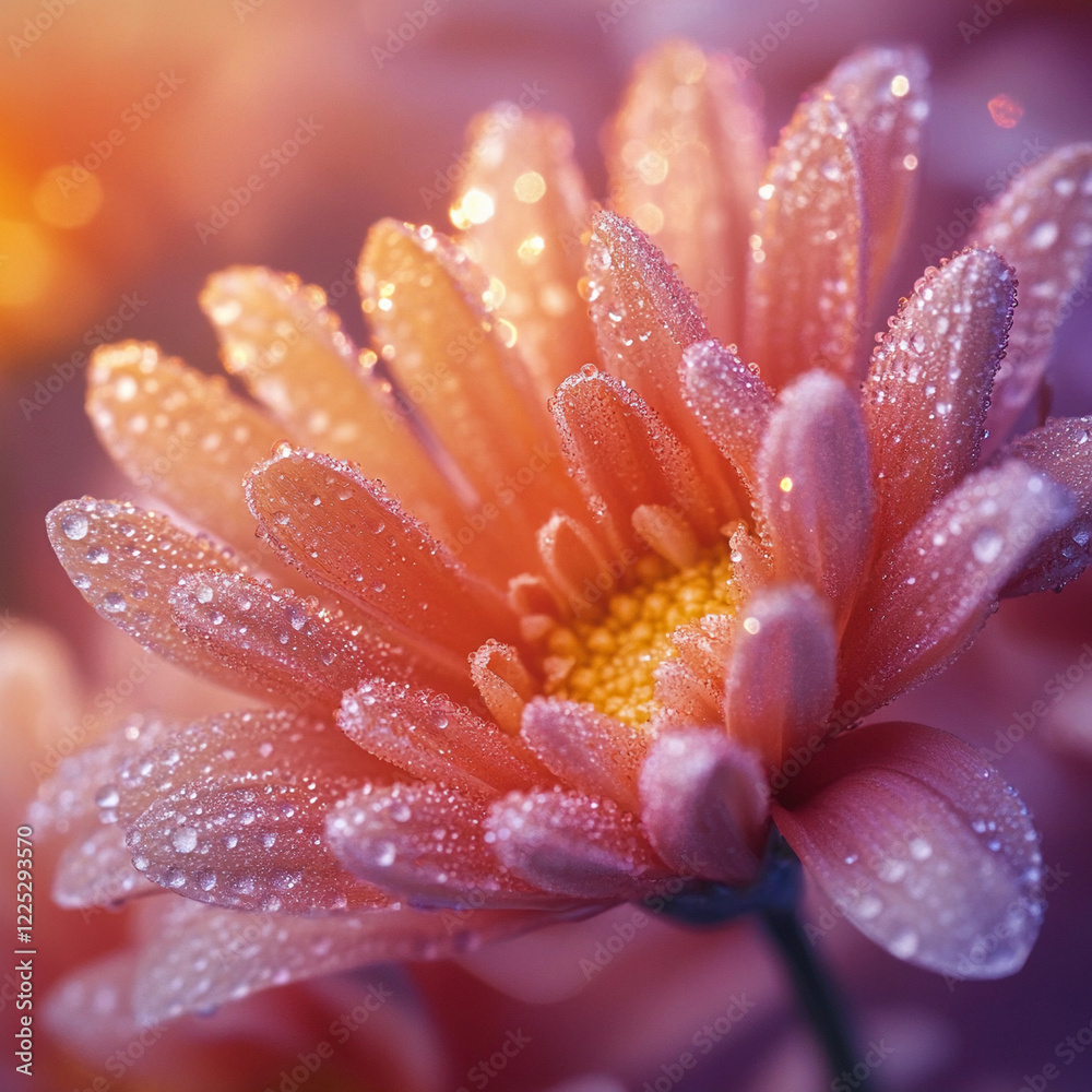 Fototapeta premium Close-up view of a pink flower adorned with morning dew in a serene garden setting