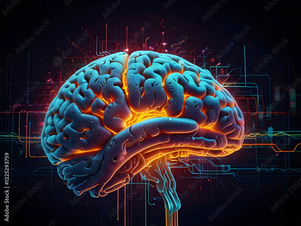 Fototapeta premium A colorful, futuristic illustration of a human brain, surrounded by swirling clouds of data and electrical impulses, with vibrant, neon-lit pathways and circuits tracing the neural connections