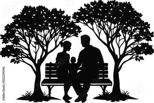 mom and dad and Son Sitting on a Park Bench under tree Silhouette