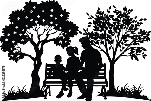 mom and dad and Son Sitting on a Park Bench under tree Silhouette