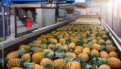 Cinta transportadora repleta de piñas frescas en una planta industrial de procesamiento alimentario.