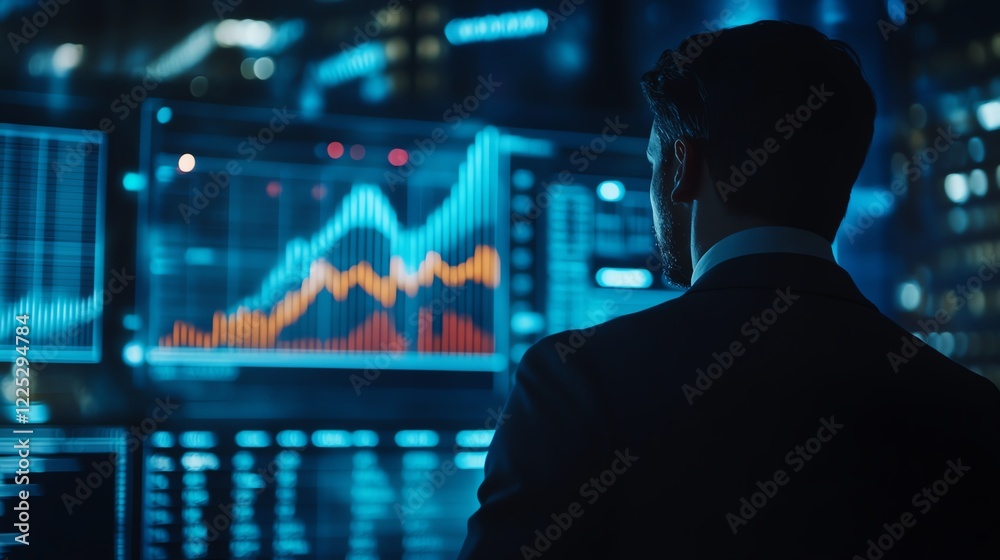 Businessman analyzing profit margins with investment graphs risk management Businessman analyzing profit margins with investment graphs risk management