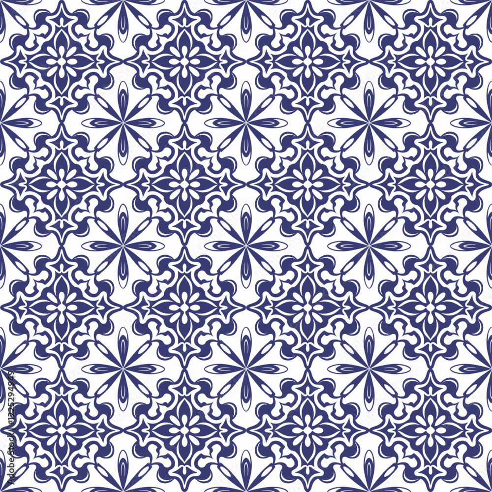 Elegant Blue and White Tile Pattern with Soft Floral Accents Elegant Blue and White Tile Pattern with Soft Floral Accents