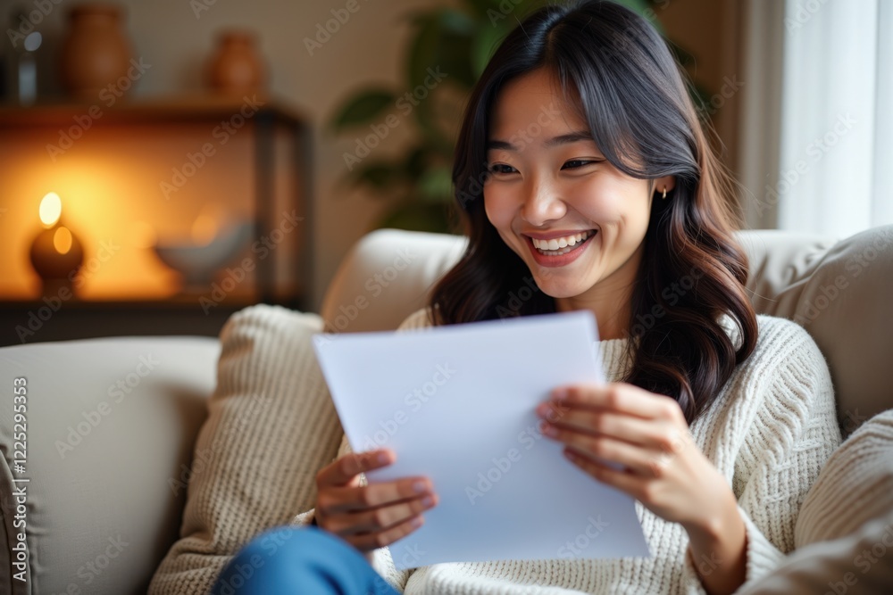 A Joyful Moment of Reflection: A Young Woman Smiling While Reading a Personal Letter in a Cozy Indoor Setting A Joyful Moment of Reflection: A Young Woman Smiling While Reading a Personal Letter in a Cozy Indoor Setting