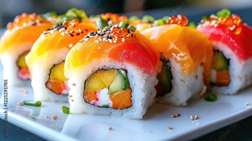 Colorful sushi rolls on a plate, restaurant setting Colorful sushi rolls on a plate, restaurant setting