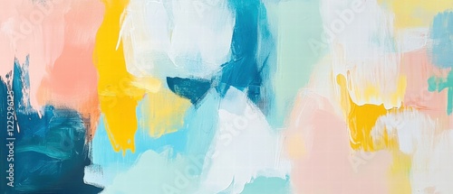 Wallpaper Mural Abstract art painting with vibrant colors in blue, yellow, and peach, showcasing brush strokes and texture that evoke creativity and modern artistic expression. Torontodigital.ca