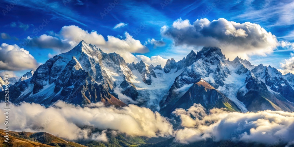 Obraz premium Panorama of majestic mountains standing tall in the sky with a serene blue background, surrounded by fluffy white clouds - , blue sky, surrounding landscape