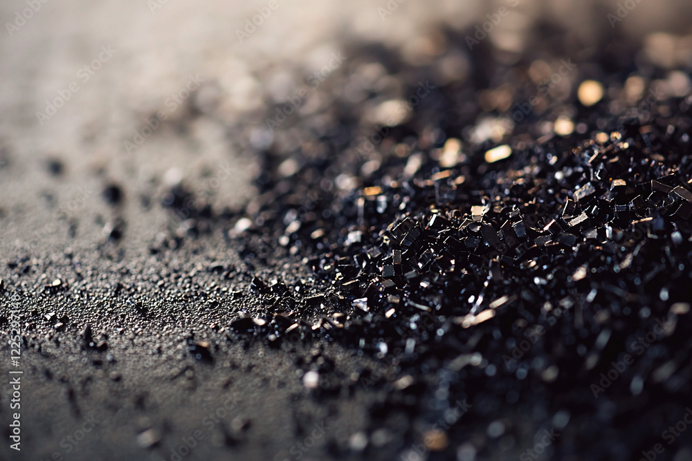 Close-up of sparkling black granules scattered on a dark surface, highlighting texture and detail Close-up of sparkling black granules scattered on a dark surface, highlighting texture and detail