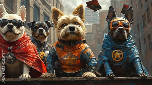 Pawsome Squad: A team of four cool dogs dressed in superhero costumes with a gritty city background, ready to face any challenge with their paw-sitive energy and unyielding determination. photo