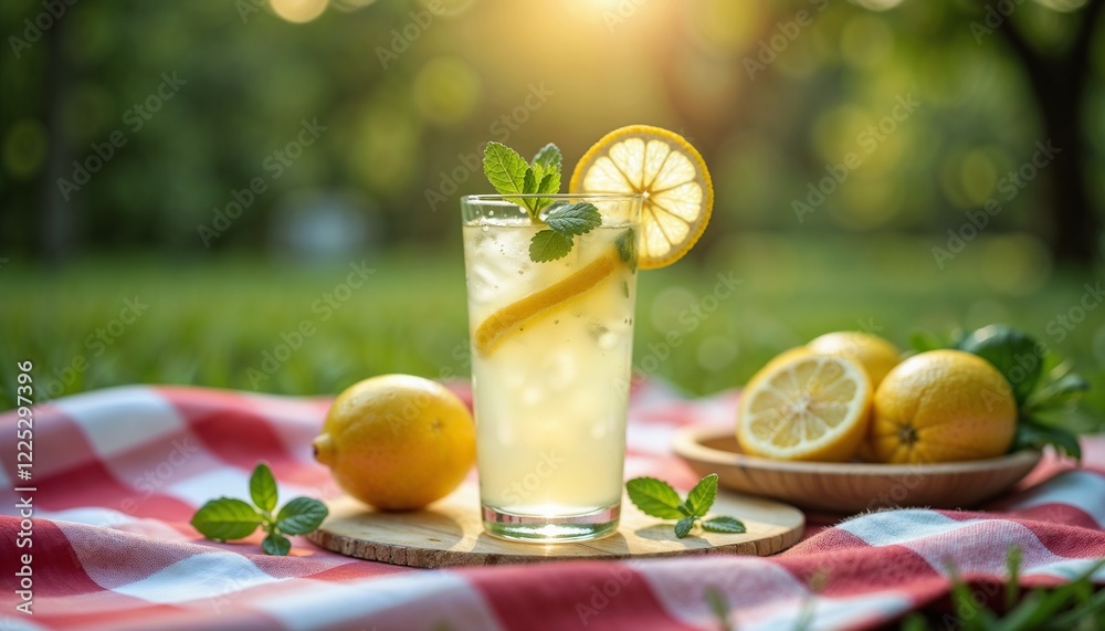Fototapeta premium Refreshing Summer Lemonade with Mint on Cheerful Checkered Picnic Blanket in Sunny Park