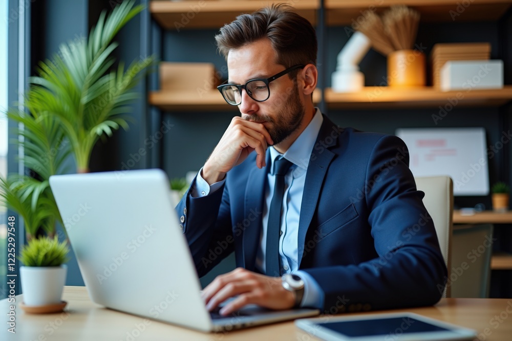 Fototapeta premium Focused Businessman in Formal Attire Working on Laptop in Modern Office with Indoor Plants and Stylish Decor, Representing Productivity and Professionalism
