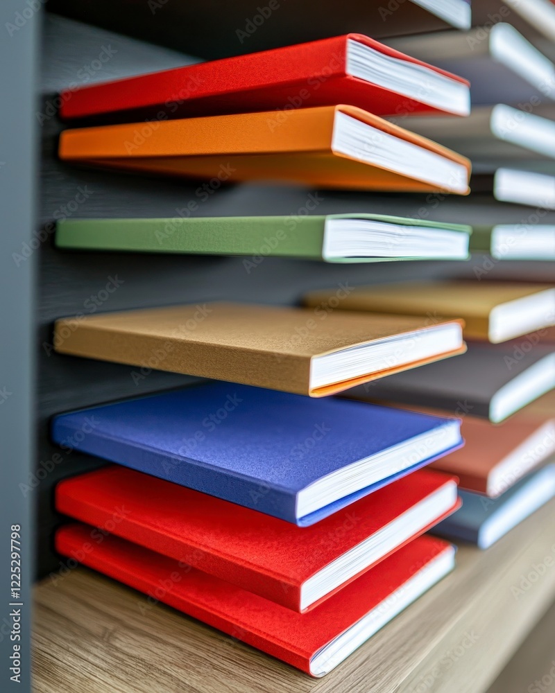 Colorful stacked notebooks on a modern shelf in a bright and organized workspace interior setting Colorful stacked notebooks on a modern shelf in a bright and organized workspace interior setting