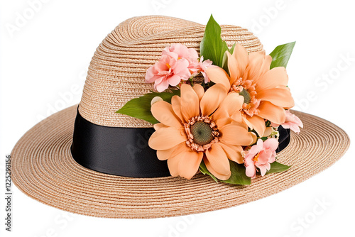Isolated Straw Hat Decorated with Spring Flowers - Ideal for Spring Fashion Campaigns and Floral Design Blogs
