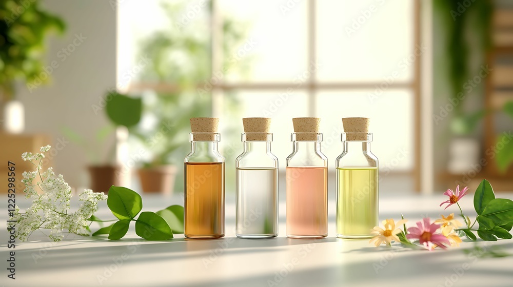 essential oil collection, aromatherapy. A serene arrangement of glass bottles filled with various colored liquids, surrounded by greenery and flowers, showcasing natural beauty and wellness. essential oil collection, aromatherapy. A serene arrangement of glass bottles filled with various colored liquids, surrounded by greenery and flowers, showcasing natural beauty and wellness.