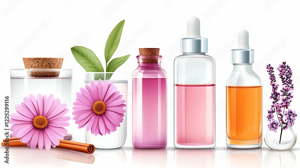 essential oil collection, aromatherapy. A collection of colorful essential oil bottles with flowers and leaves, showcasing natural beauty and wellness elements.