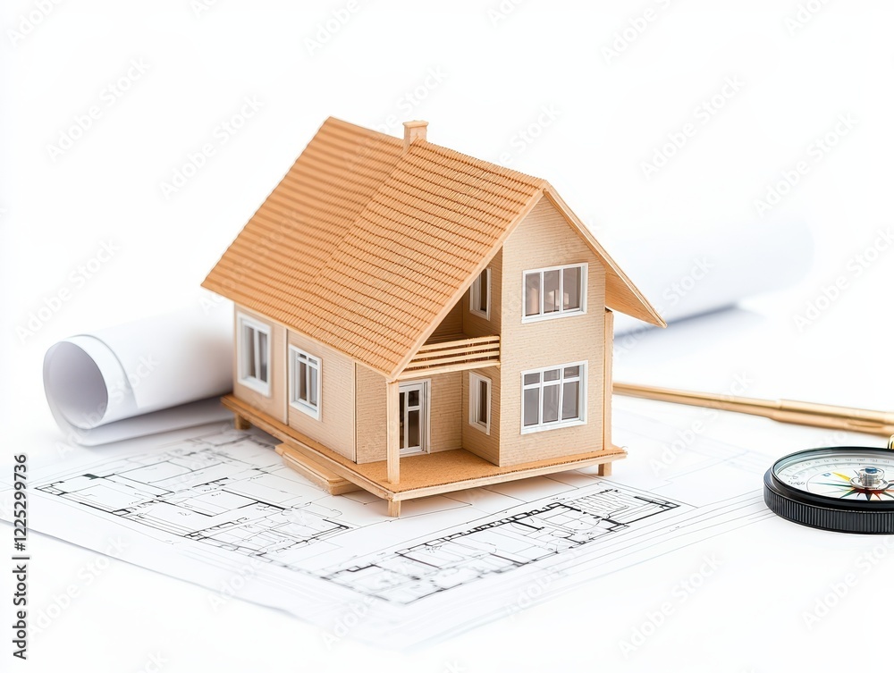 Architecture paper blueprint and scale wooden model house. Model house on blueprints with tools, symbolizing architecture and design concepts. Architecture paper blueprint and scale wooden model house. Model house on blueprints with tools, symbolizing architecture and design concepts.