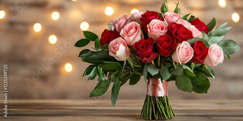 Bouquet of Red and Pink Roses Tied with Ribbon - Ideal for Wedding Invitations and Floral Blogs