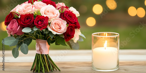 Scene of a bouquet of red and pink roses tied with a ribbon - Ideal for wedding invitations and floral arrangements