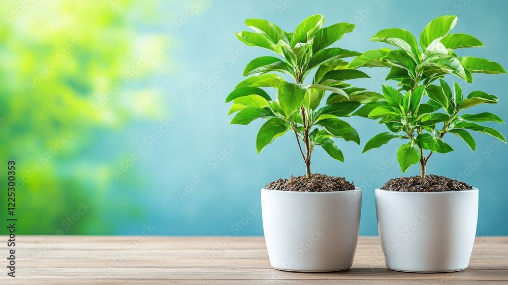 Two potted plants on wooden table, blurred green background, home decor, website banner Two potted plants on wooden table, blurred green background, home decor, website banner