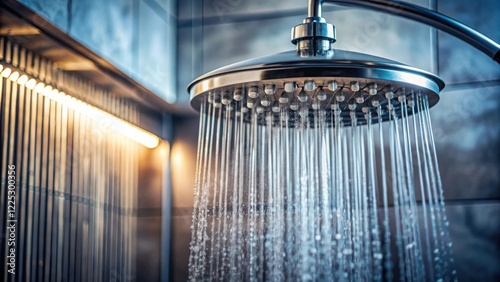 Relaxing showerhead spraying water in a modern bathroom photo