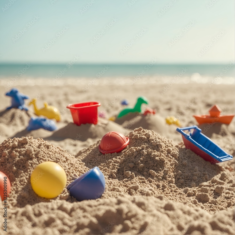 Heap sand with plastic toys at the beach, Summer seaside vacation concept Heap sand with plastic toys at the beach, Summer seaside vacation concept