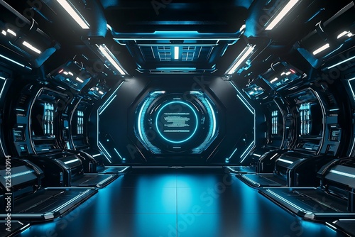 Futuristic sci-fi corridor with glowing blue lights, sleek design, and high-tech atmosphere